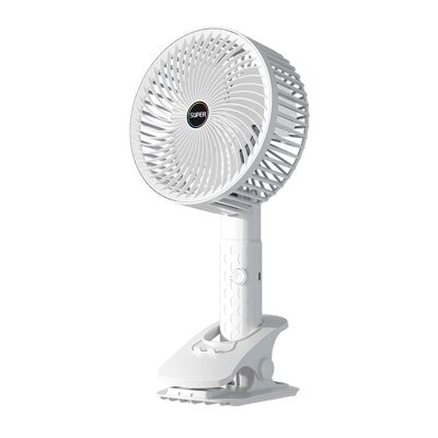 Ventilateur portable 5W, avec batterie rechargeable, rotation à 360° et clip de préhension. Couleur blanche