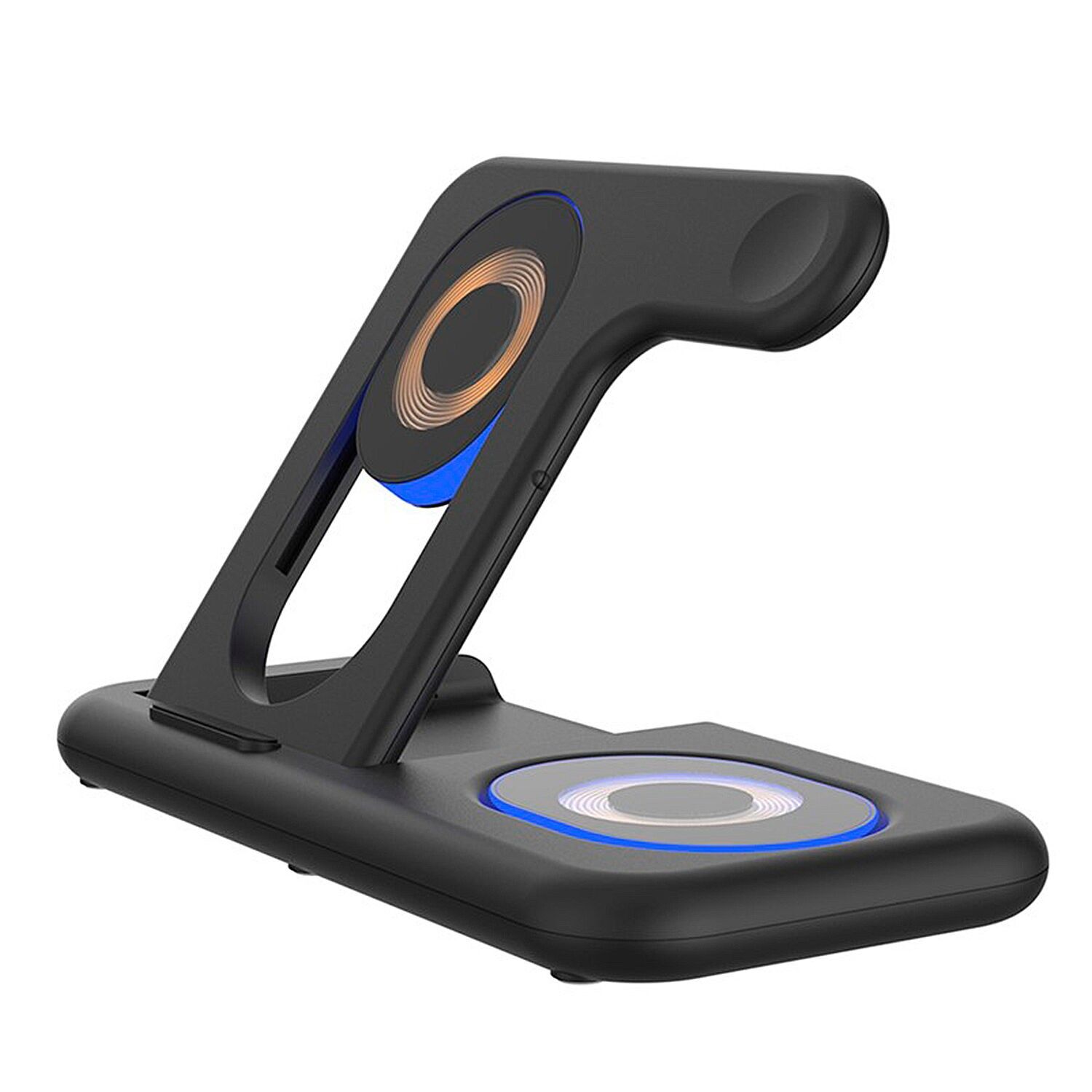 Base di ricarica pieghevole 5 in 1. Base Magsafe regolabile da 15 W, caricabatterie per Apple Watch e base Qi. Con luce notturna touch. Funzione stand. Colore nero