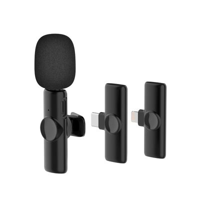 Microphone cravate K11, Plug & Play. Réduction du bruit, faible délai, sans fil, 2.4Ghz. Pour iOS et Android. La couleur noire