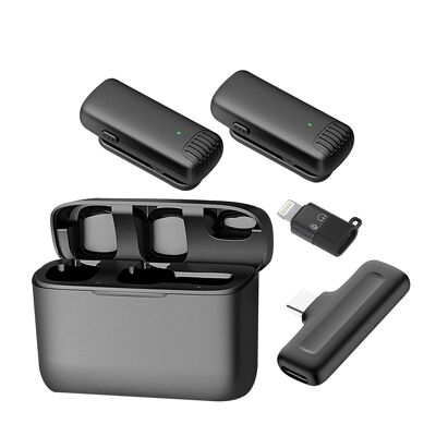 Microphone sans fil portable à pince J13. Comprend 2 microphones et 1 récepteur. Pour smartphones, appareils photo et ordinateurs portables. Connexion USB-C + Lightning. La couleur noire
