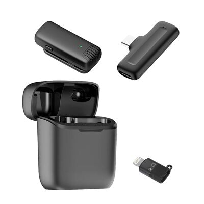 Microphone sans fil portable à pince J11. Comprend un microphone et un récepteur. Pour smartphones, appareils photo et ordinateurs portables. Connexion USB-C + Lightning. La couleur noire