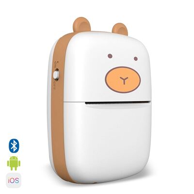 Mini portable Bluetooth thermal printer, teddy bear shape, compatible with Android and iOS. 200dpi. White color