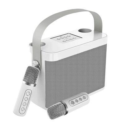Kit karaoké avec enceinte Bluetooth et 2 microphones. 10W, batterie intégrée. Couleur blanche