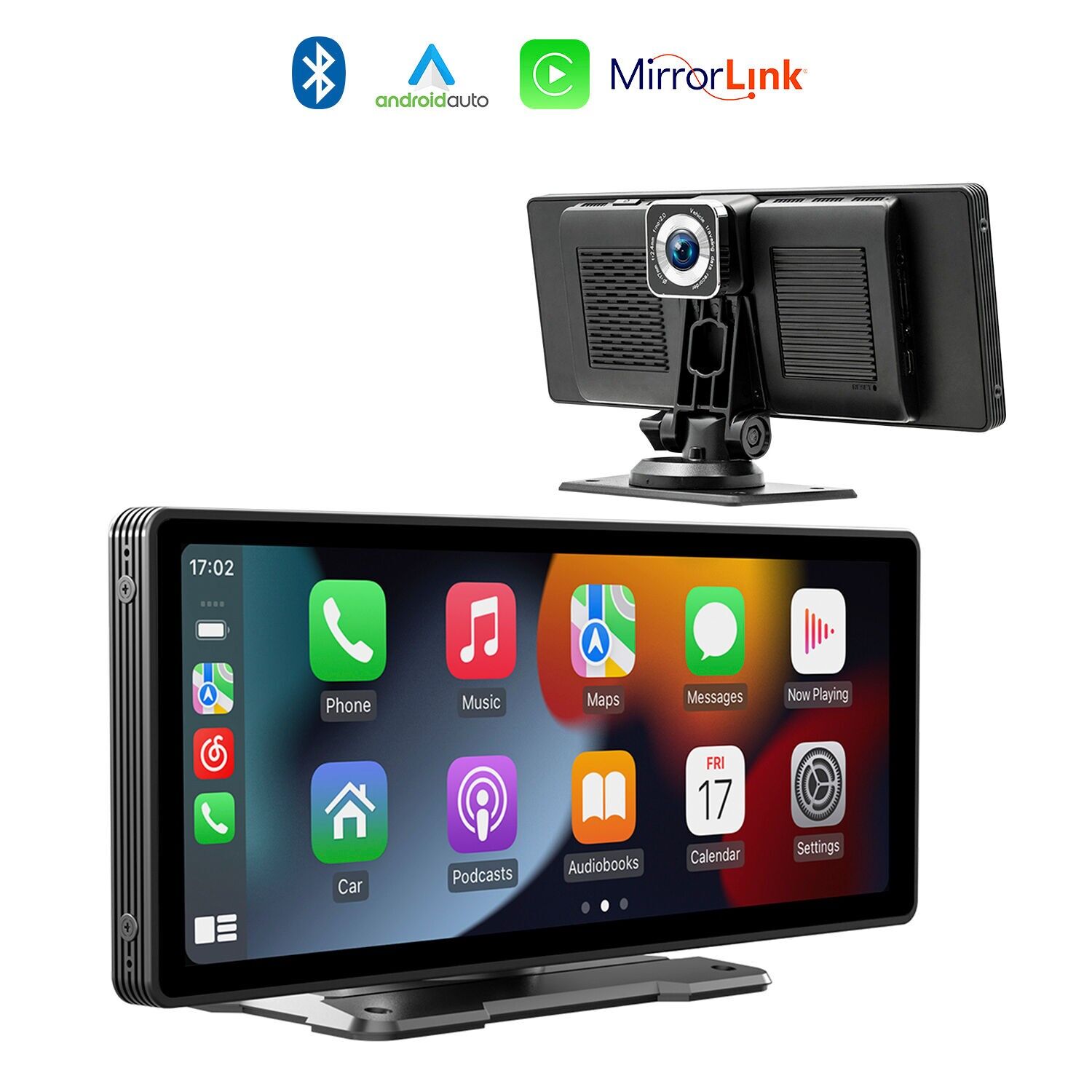 B5303R Touchscreen per auto HD da 10,2". Android Auto/Car Play senza fili. Bluetooth MP5 con Mirror Link, dashcam anteriore + posteriore da 12 LED. Colore nero