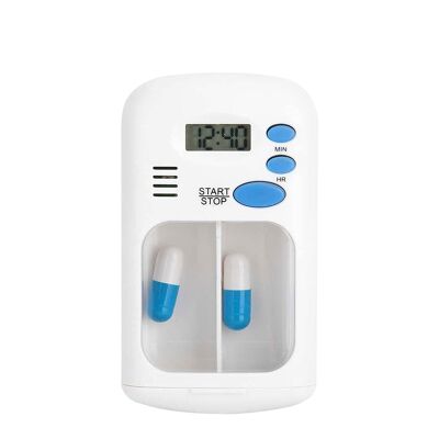 Pillbox with double compartment and alarm timer. White color