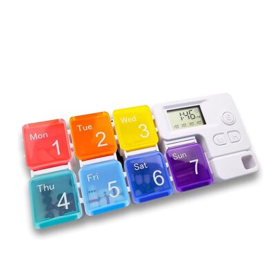 7-day pill box with 4 audible reminder alarms per day. Customizable blocks.Color: White/Multicolor