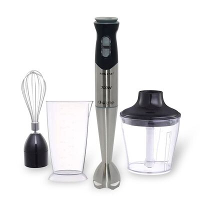 4-in-1 hand-held food processor, 700W, multifunction: mixing, blending, whisking. Double speed control. Exclusive ergonomic design.Color: Silver