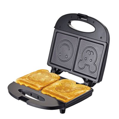 Gaufrier, machine à sandwich double portable avec moule de conception de dessin animé de 750 W, fixation par clip, indicateur de puissance. La couleur noire