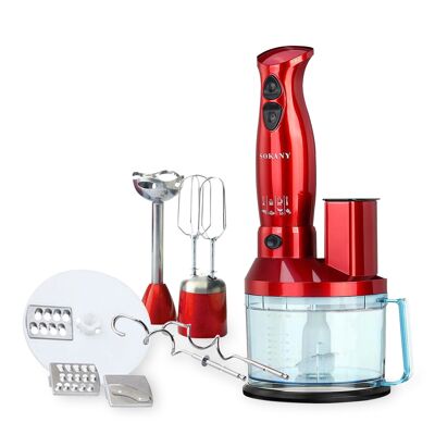 9-in-1 hand-held food processor, 700W, multi-function: mixing, blending, whisking. Double speed. Exclusive ergonomic design. Red color