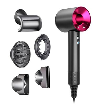 Secador iónico con 5 cabezales, 4 niveles de temperatura y 3 niveles de velocidad con 1600W de potencia. Color: Gris Oscuro/Fucsia