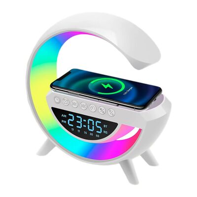 Enceinte avec chargeur sans fil 15W, 13 modes d'éclairage LED différents, fonction radio, carte TF et entrées USB. Couleur blanche