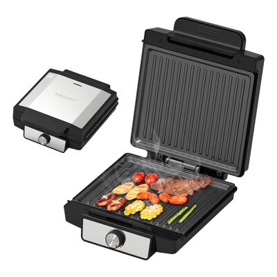 Plancha grill antiadherente con control de temperatura, calentamiento por ambas caras y luz indicadora. Color: Negro