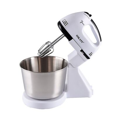 Amasadora, batidora eléctrica doble con 7 velocidades y función turbo. Con soporte y bol de acero inoxidable de 2L. Color: Blanco
