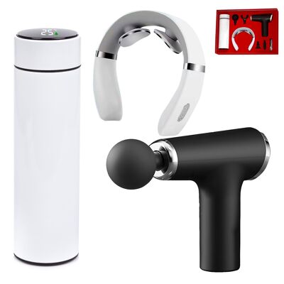 Pack de masaje, termo con indicador de temperatura de 500ml, pistola de masaje fascia con 6 velocidades y masajeador cervical con 10 modos y 15 velocidades. Color: Rojo