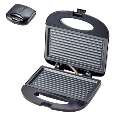 Grill eléctrico portátil de 750W. Zona de cocción antiadherente con cierre por clip y luces LED. Color: Negro