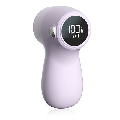 Rimuovi-pelucchi compatto per uso domestico, con batteria ricaricabile. Display digitale e 3 livelli di potenza. Colore: viola chiaro