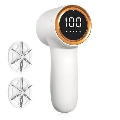 Rimuovi-pelucchi compatto per uso domestico, con batteria integrata, display LED con indicazione della batteria e 5 livelli di potenza. Include 2 testine di ricambio. Colore bianco