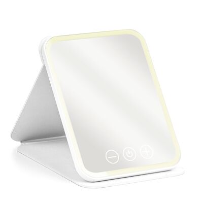 Espejo de maquillaje plegable, con luz led fría, normal y cálida, intensidad regulable. Tamaño compacto. Color: Blanco