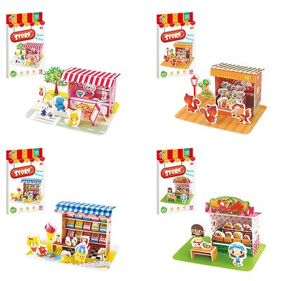 Pack of 4 3D cardboard puzzles with different stalls. With a total of 98 pieces.Color: Multicolor
