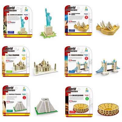 Pack of 6 mini 3D cardboard puzzles featuring different famous buildings. With a total of 62 pieces.Color: Multicolor