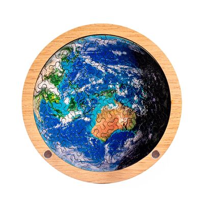 Wooden puzzle and frame with 34 pieces. Earth Design. Color blue