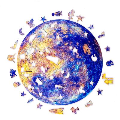 Wooden puzzle with 263 pieces. Planet Earth design. Color blue