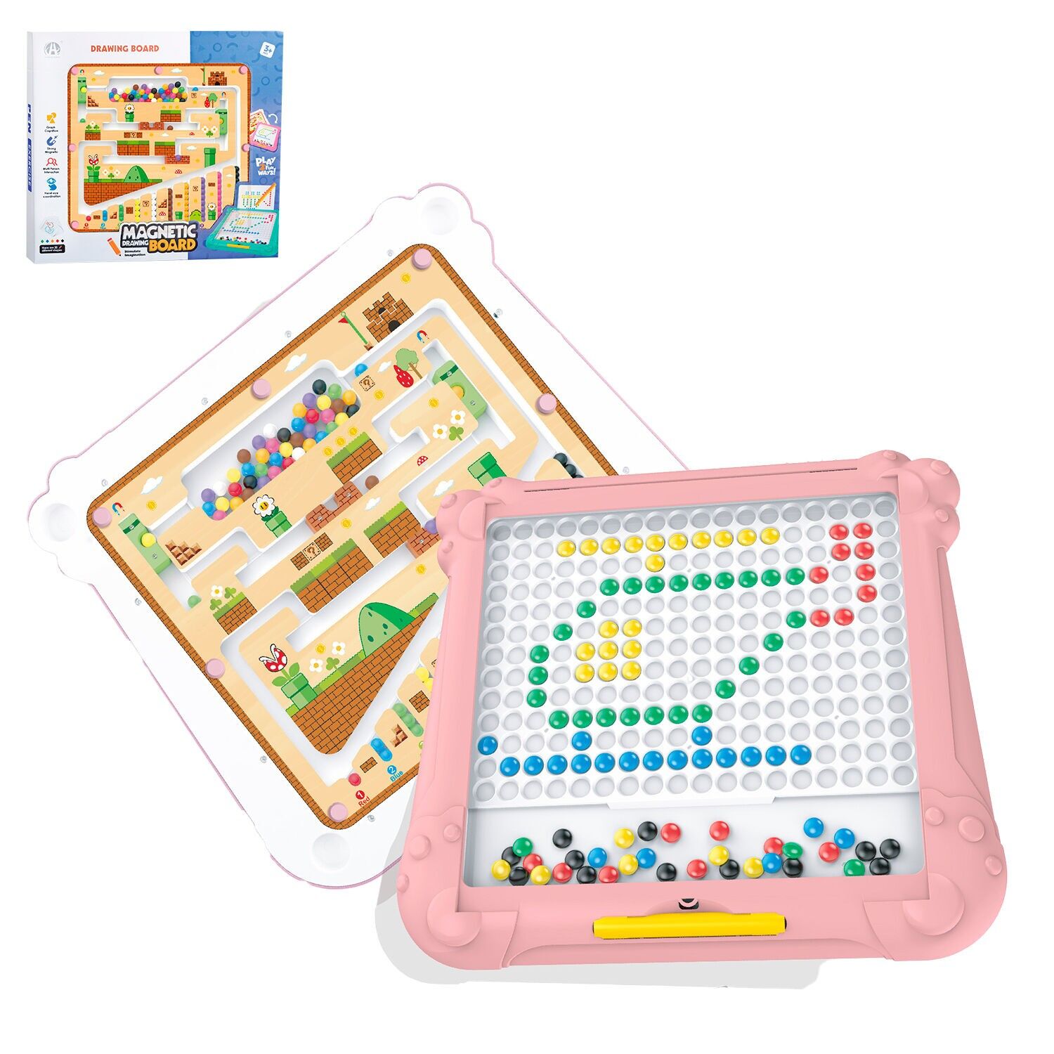 Pizarra Magnética 2 en 1. Diseño de Laberinto. Con 20 formas diferentes. Color: Rosa