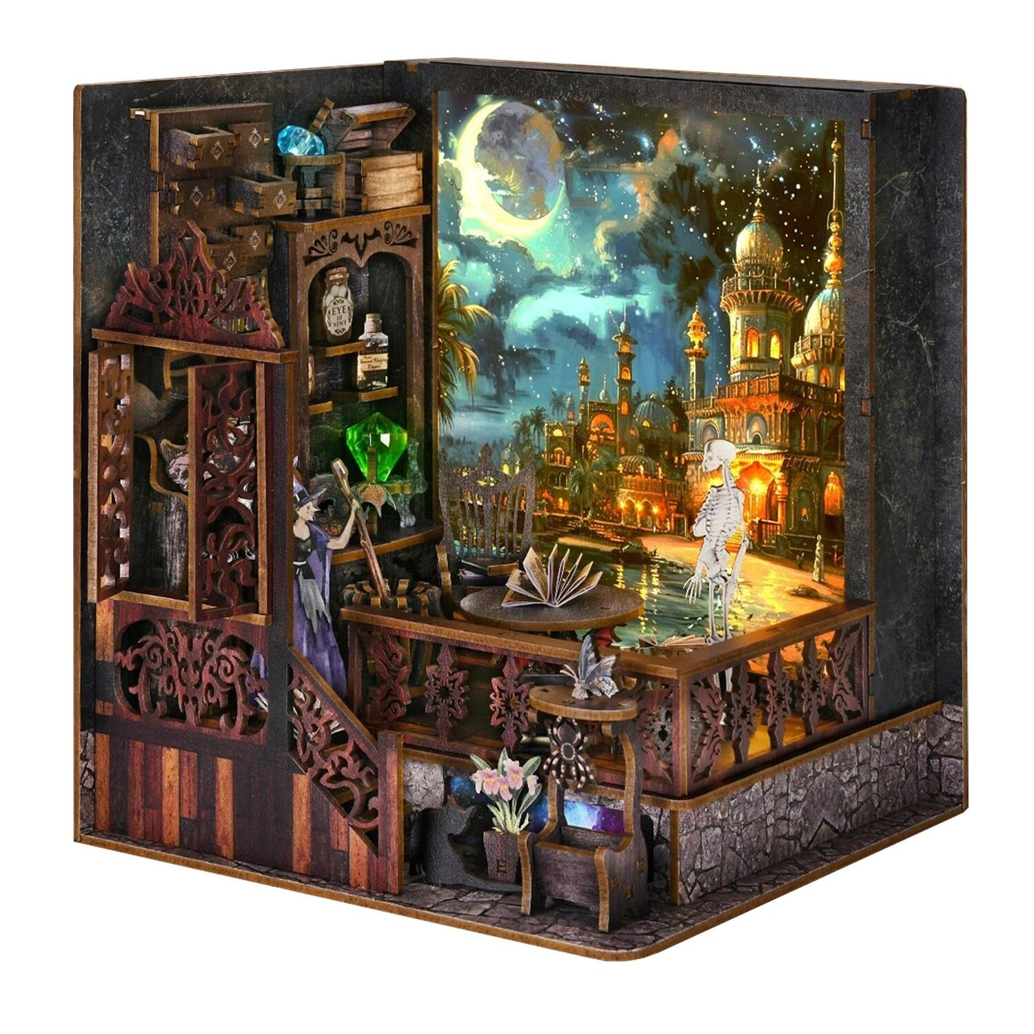 Esplorazione magica. Angolo lettura in legno, design 3D realistico, cornice luminosa con sfondo intercambiabile. Colore: Multicolore