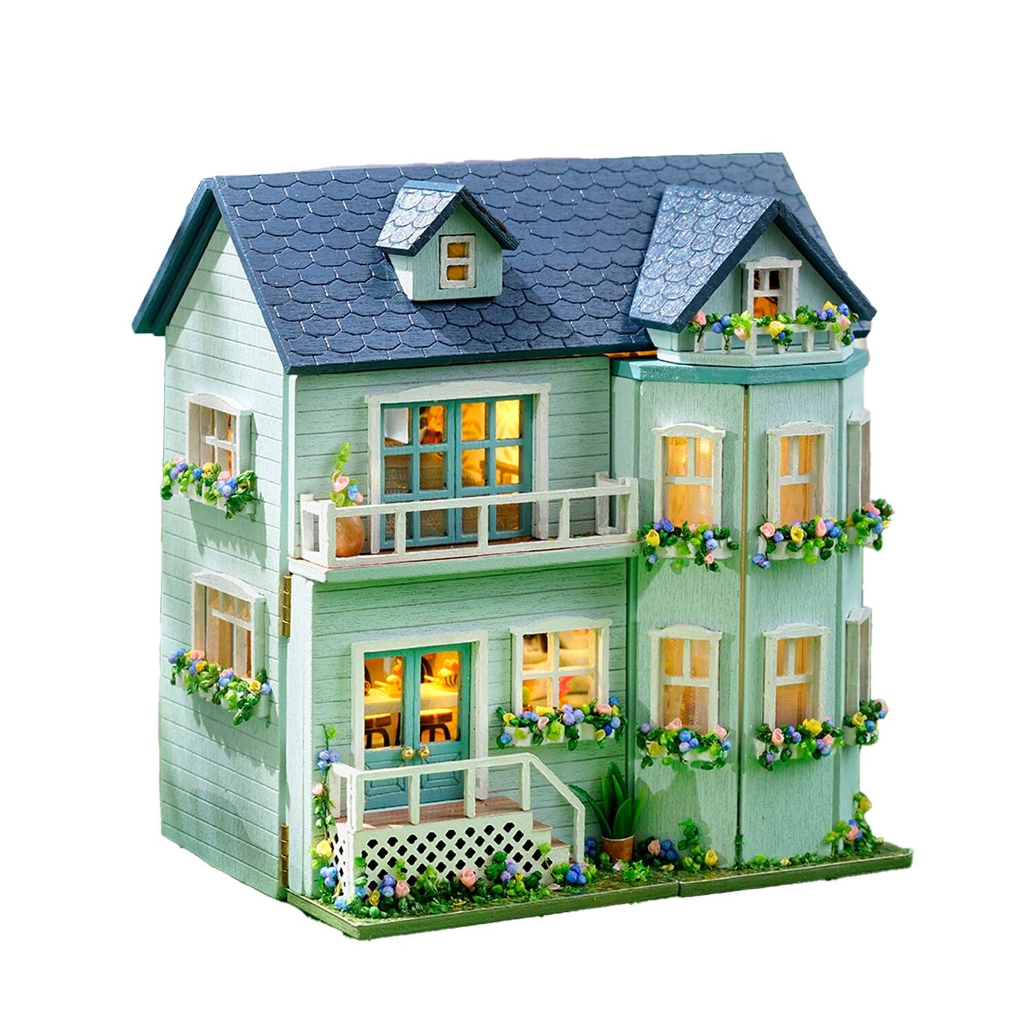 Accogliente villa. Modello 3D con design del pannello della porta aperta, realistico con elevato livello di dettaglio e luci LED. Colore: Multicolore