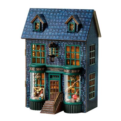 Boutique de magie. Modèle 3D avec conception de panneau de porte ouvert, réaliste avec des détails élevés et des lumières LED. Couleur : Multicolore