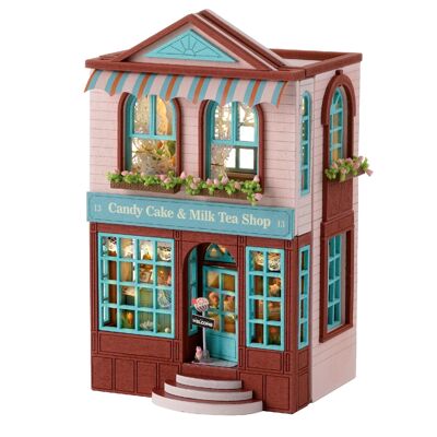 Boutique complète de desserts étoilés. Modèle 3D avec conception de panneau de porte ouvert, réaliste avec des détails élevés et des lumières LED. Couleur : Multicolore