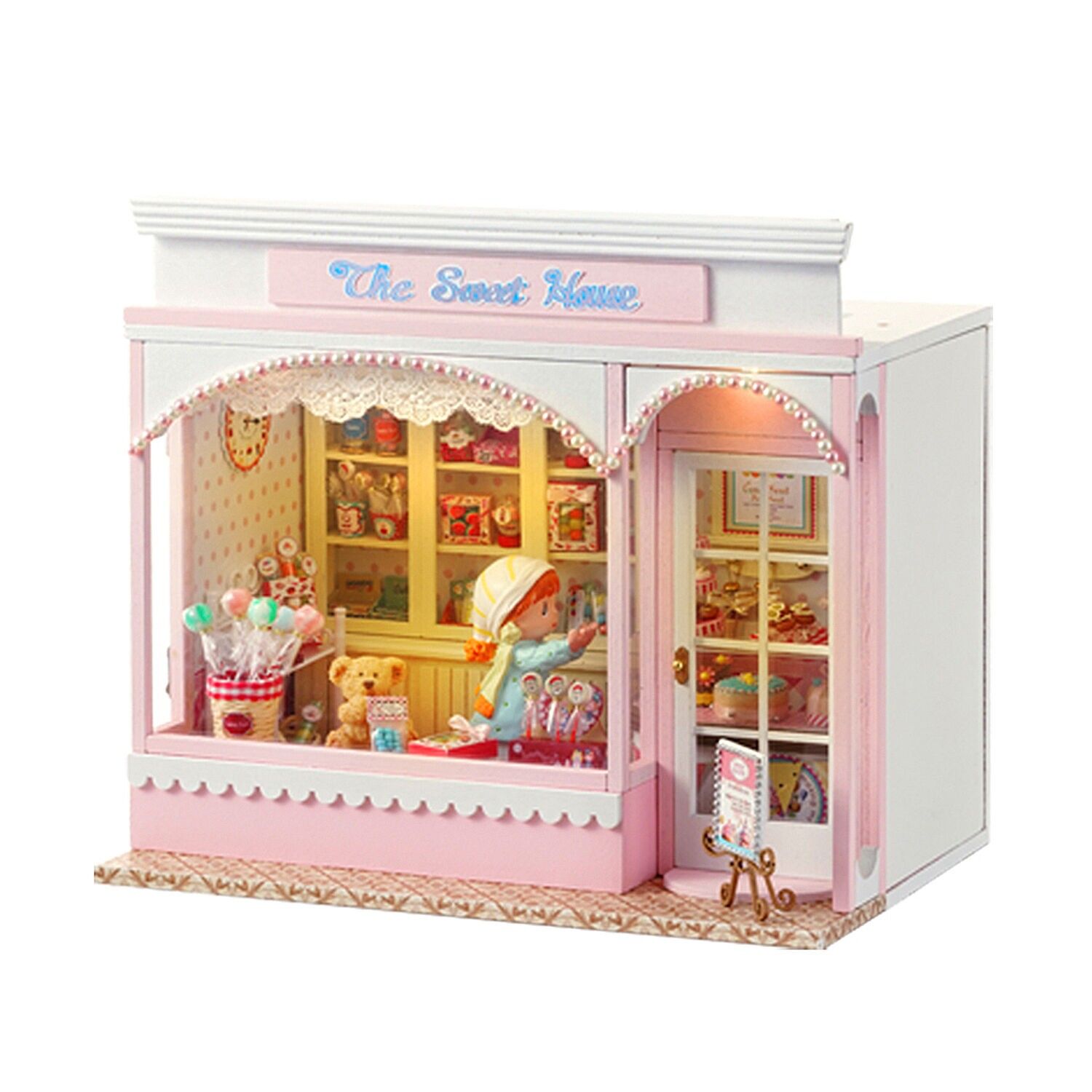 Negozio di dolciumi. Modello 3D con design del pannello della porta aperta, realistico con elevato livello di dettaglio e luci LED. Colore: Multicolore