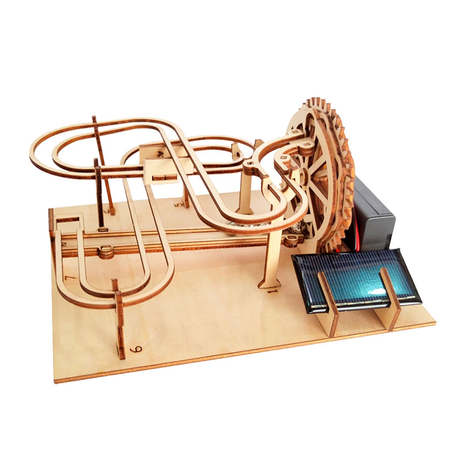Modello 3D in legno, con movimento meccanico, pista per biglie e pannello solare. Colore: Multicolore