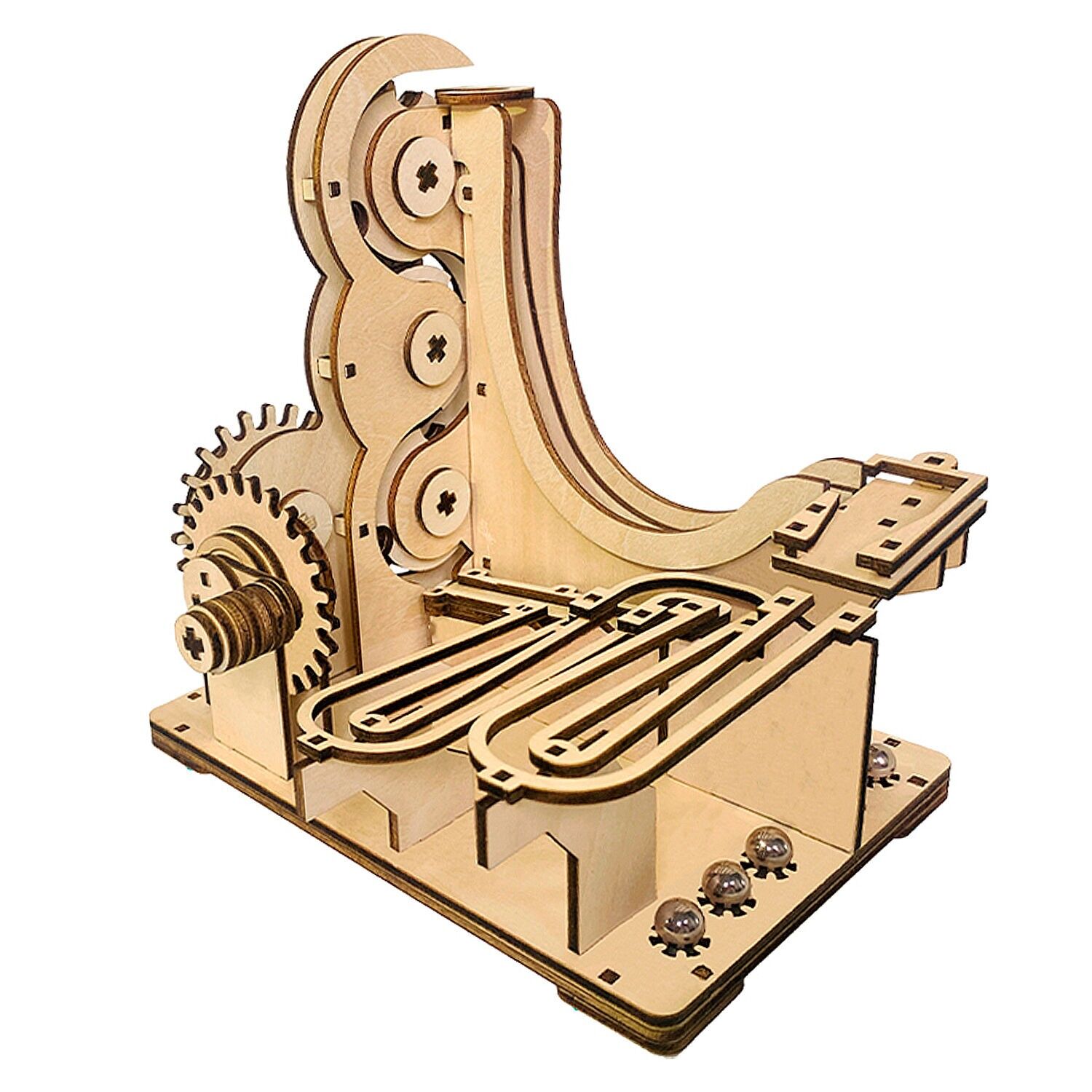 Maqueta de Madera 3D, con movimiento mecánico diseño de pista de bolas orbitales con manivela. Color: Multicolor