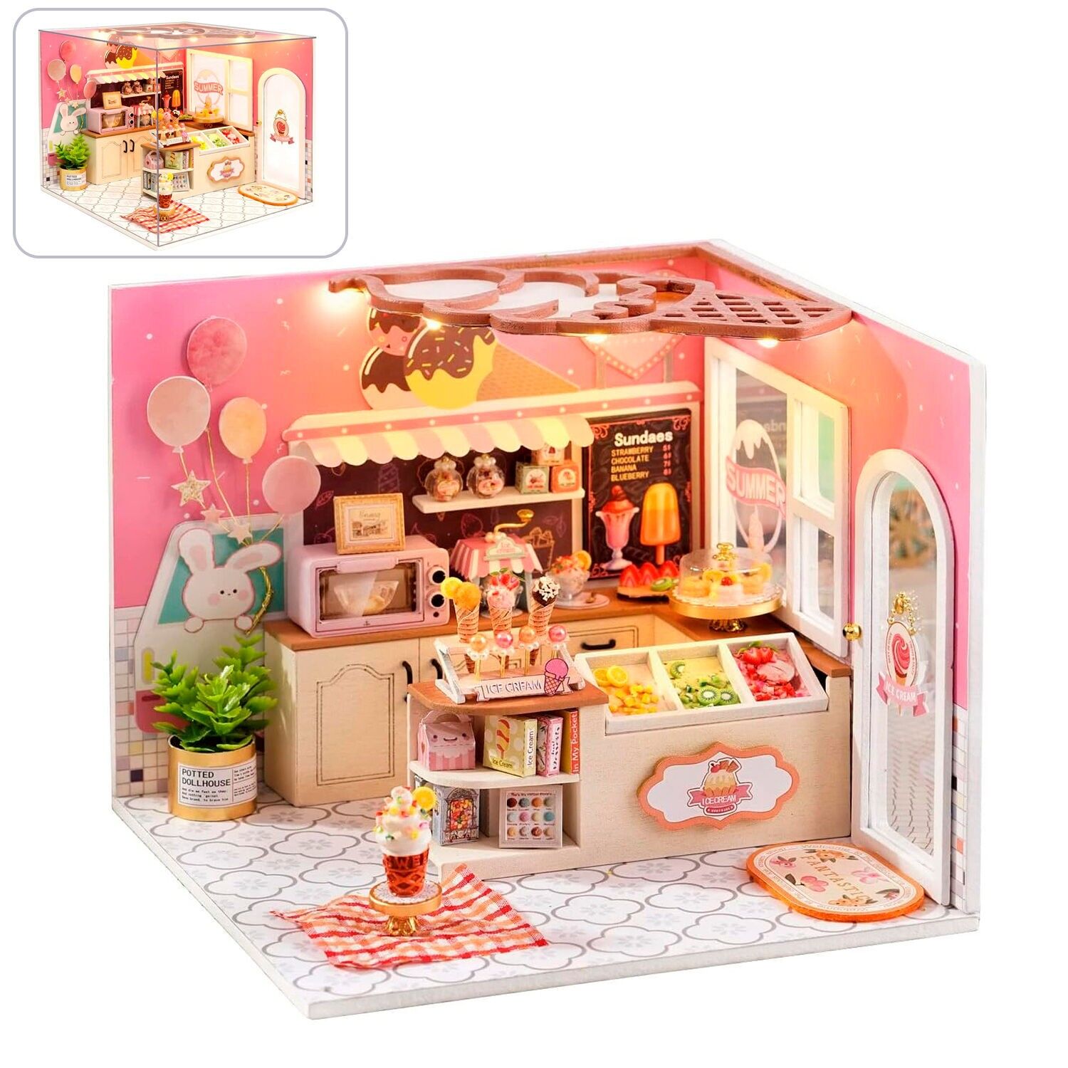 Gelateria Happy. Modello 3D realistico con grande dettaglio, copertura antipolvere e luci LED. Colore: Multicolore