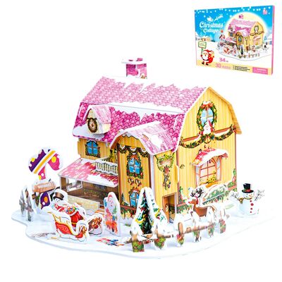 Modèle 3D en carton d'une maison de Noël. Design rose. 34 pièces. Couleur : Multicolore