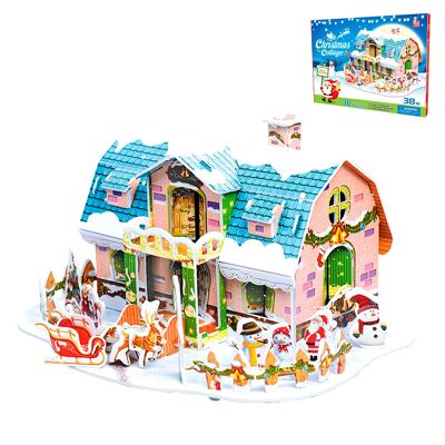 Modèle 3D en carton d'une maison de Noël. Conception bleue. 38 pièces. Couleur : Multicolore