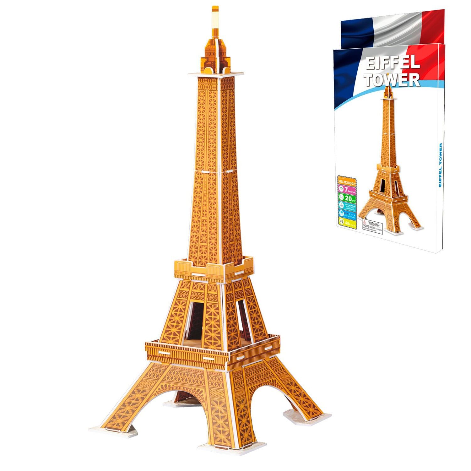 Puzzle 3D in cartone della Torre Eiffel situata a Parigi. 20 pezzi. Colore: Marrone