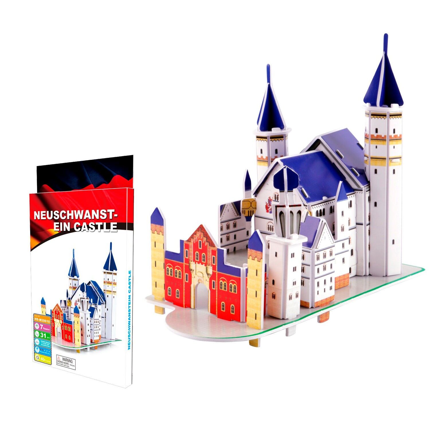3D-Papppuzzle des Schlosses Neuschwanstein in Deutschland. 31 Stück. Farbe blau