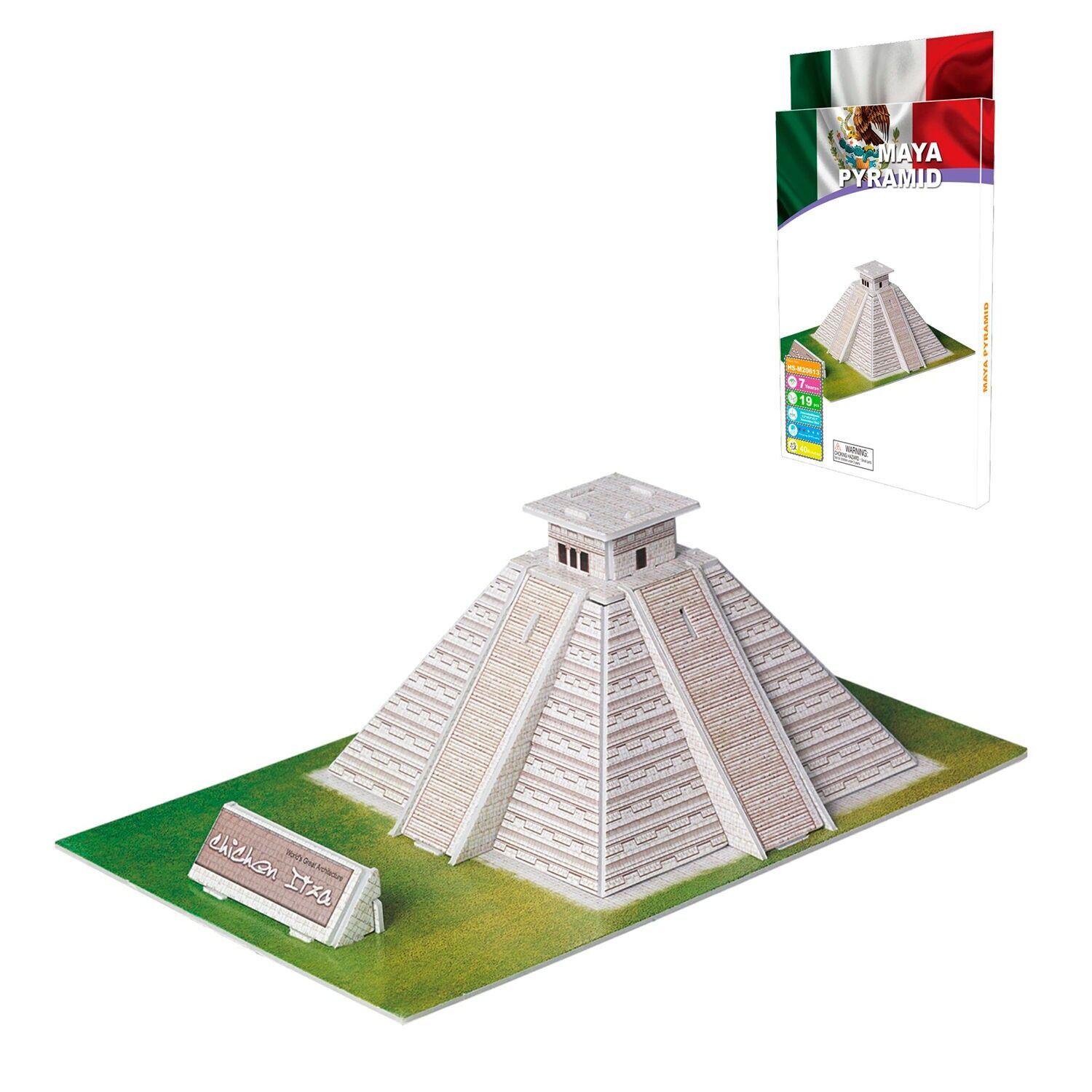 3D-Papppuzzle einer Maya-Pyramide in Mexiko. 19 Stück. weiße Farbe