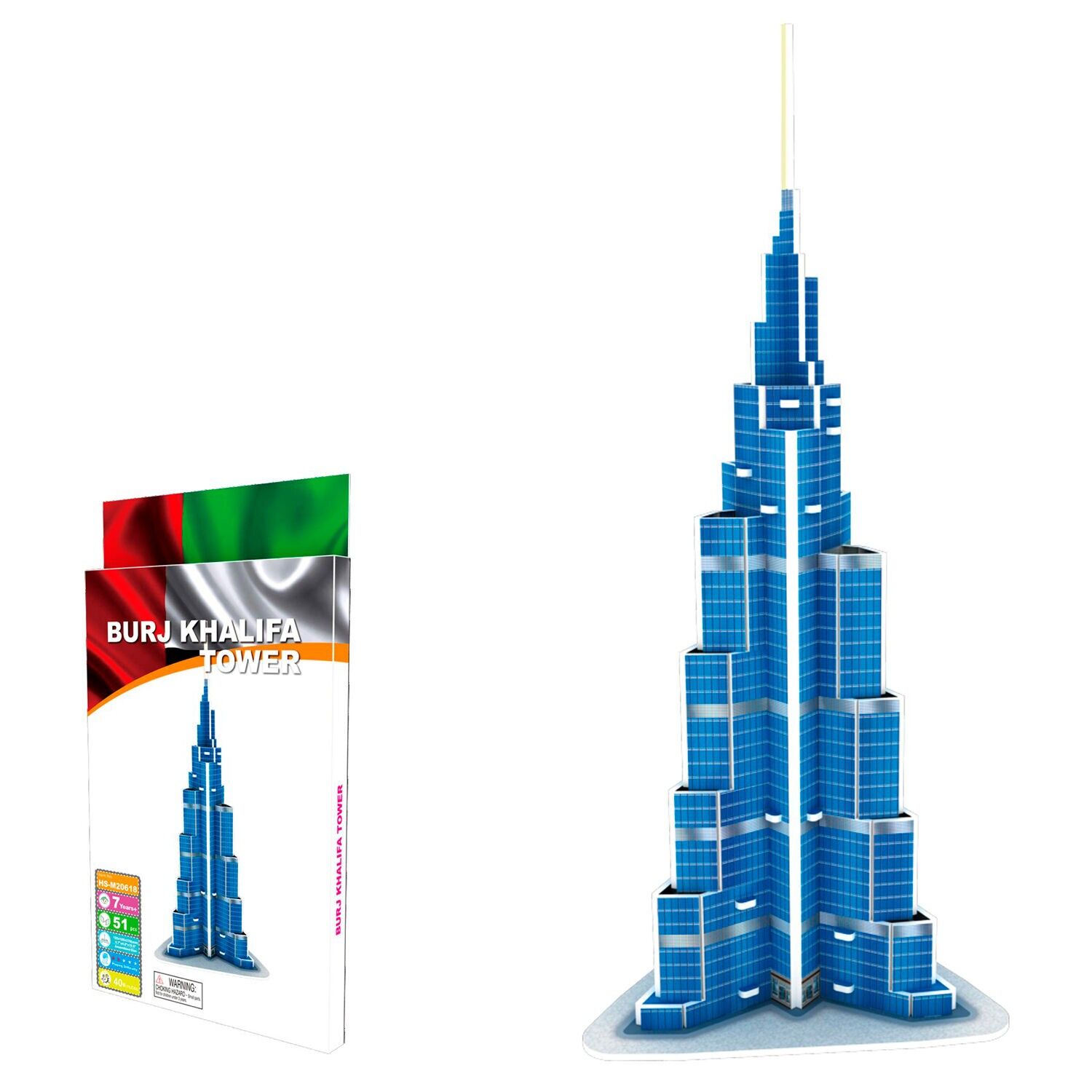 3D-Papppuzzle des Wolkenkratzers Burj Khalifa in Dubai. 51 Stück. Farbe blau