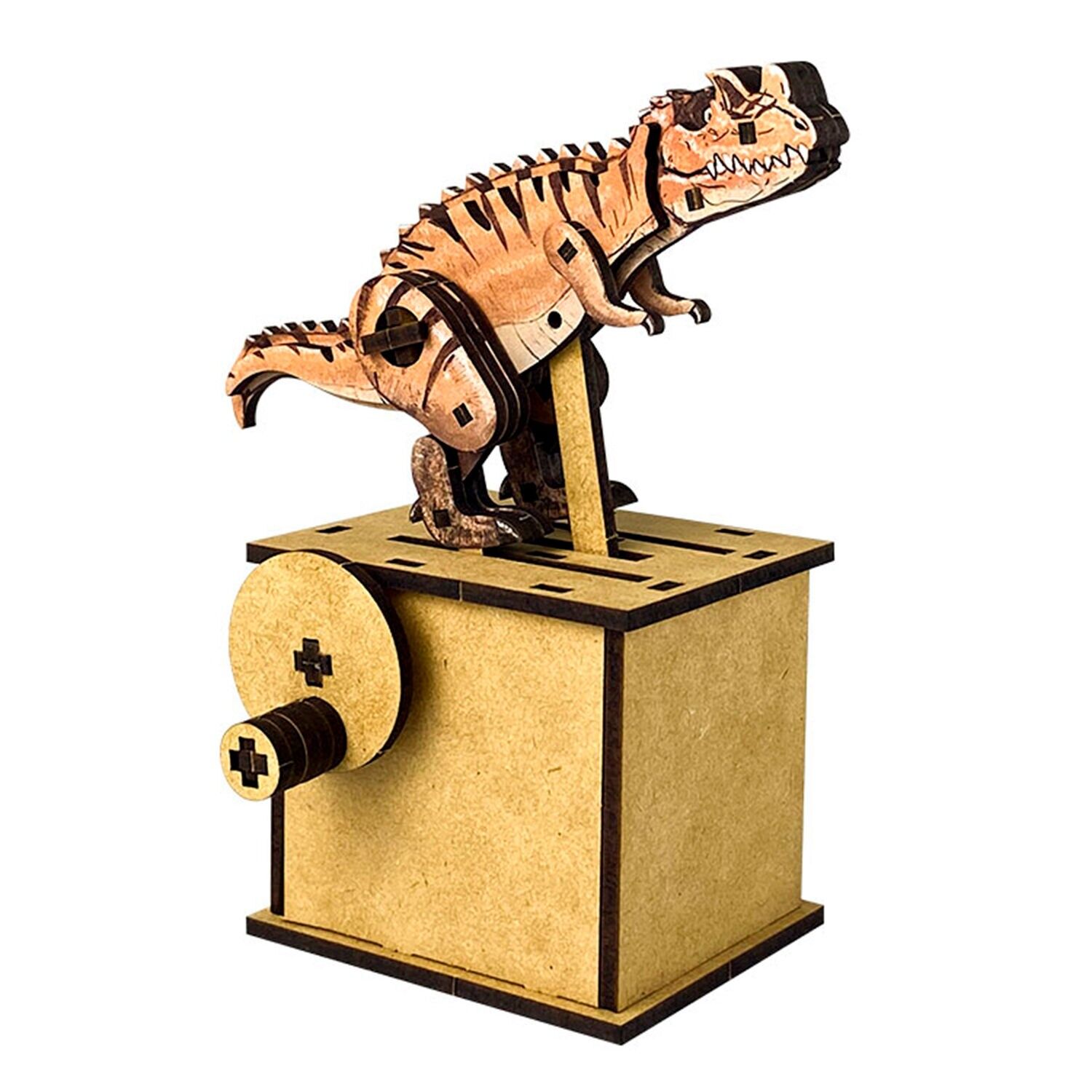Maqueta de Madera 3D, con movimiento mecánico diseño de Dinosaurio de nariz cornuda. Color: Madera