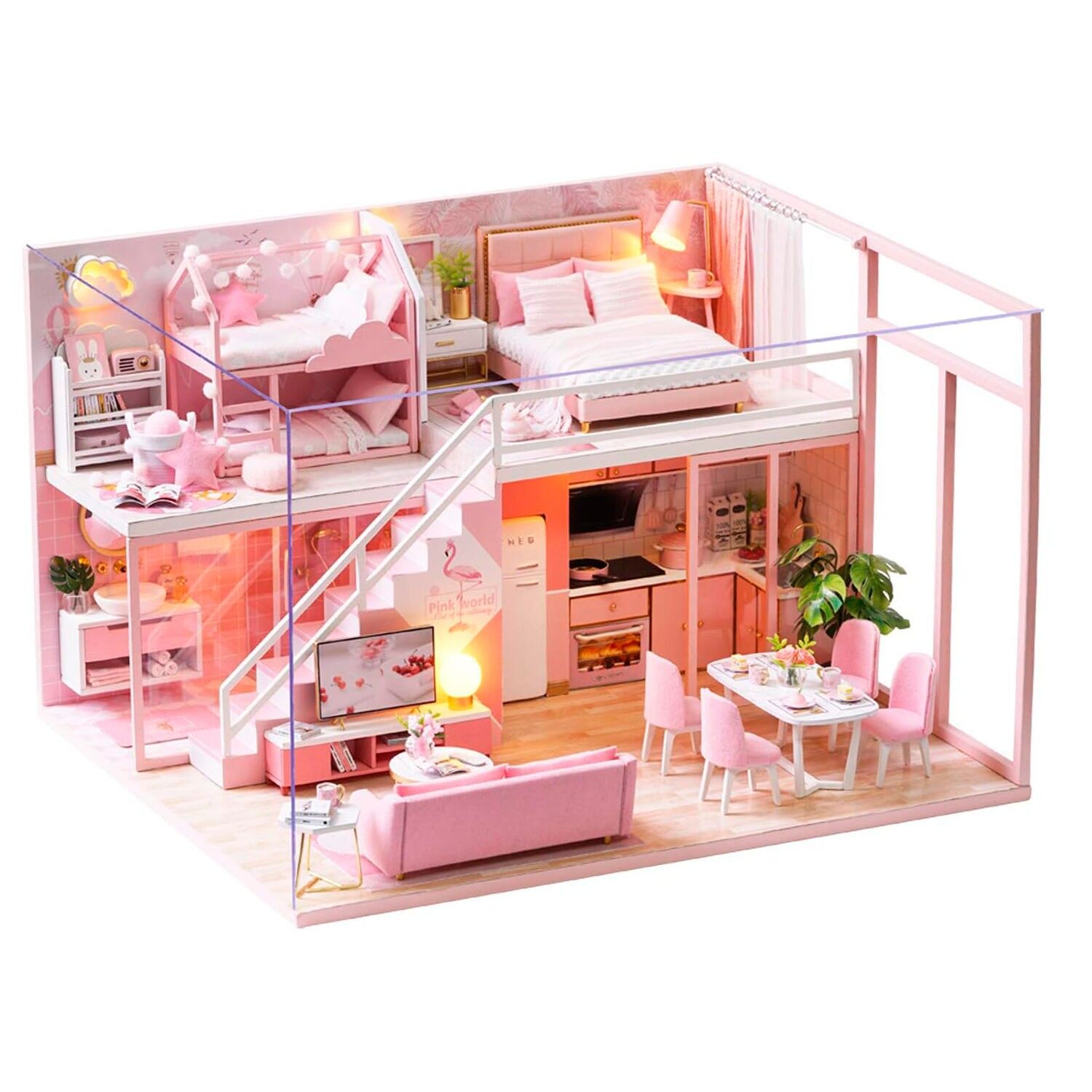 Duplex rosa. Modello 3D realistico con grande dettaglio, copertura antipolvere e luci LED. Colore: Multicolore