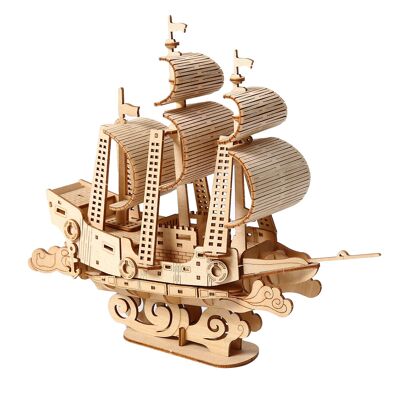 Maqueta de Madera 3D, diseño de Barco de vela con movimiento mecánico. 83 piezas. Color: Madera