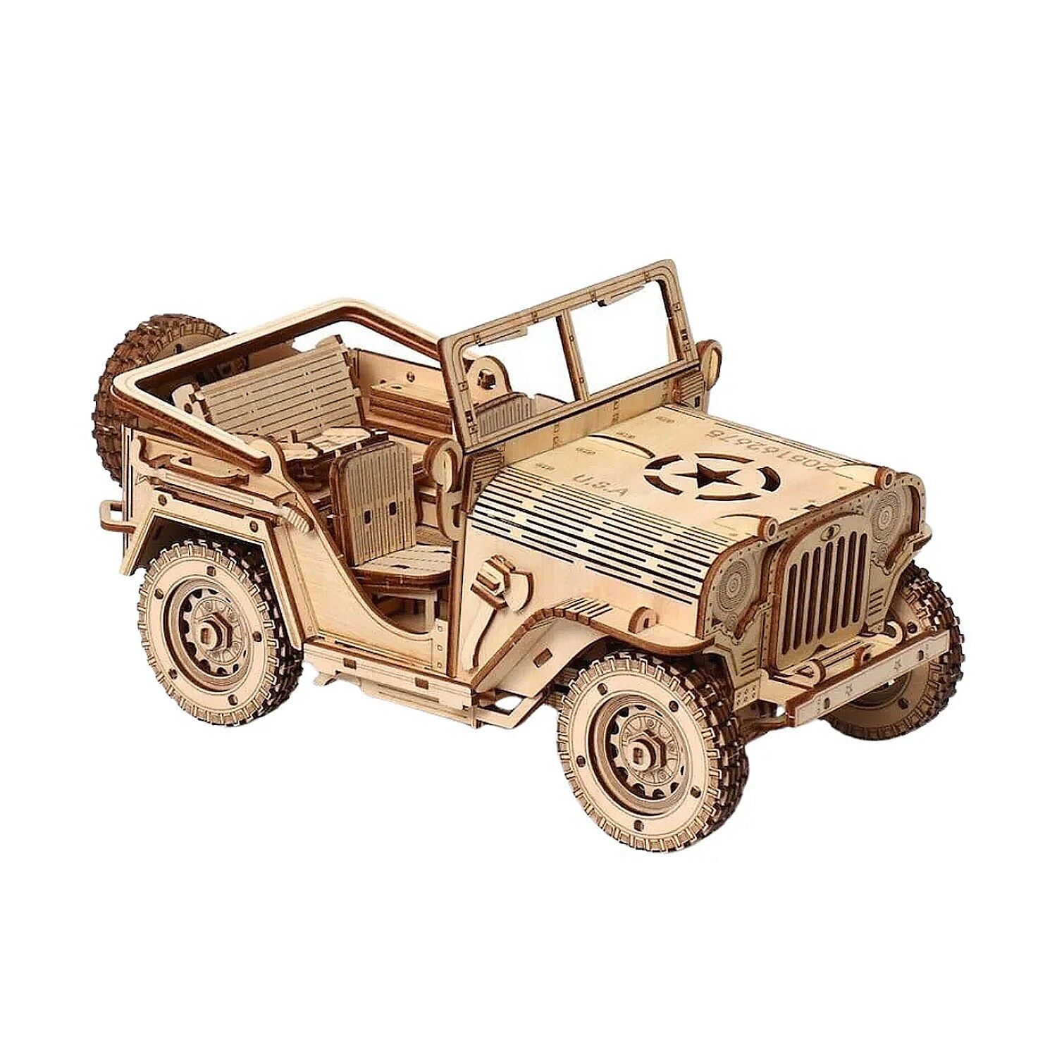 Modello 3D in legno, progettazione di un veicolo fuoristrada con movimento meccanico. 395 pezzi. Colore: Legno