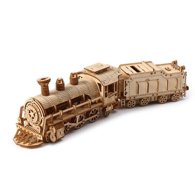 Modèle en bois 3D, conception de train à vapeur avec mouvement mécanique. 282 pièces. Couleur : Bois