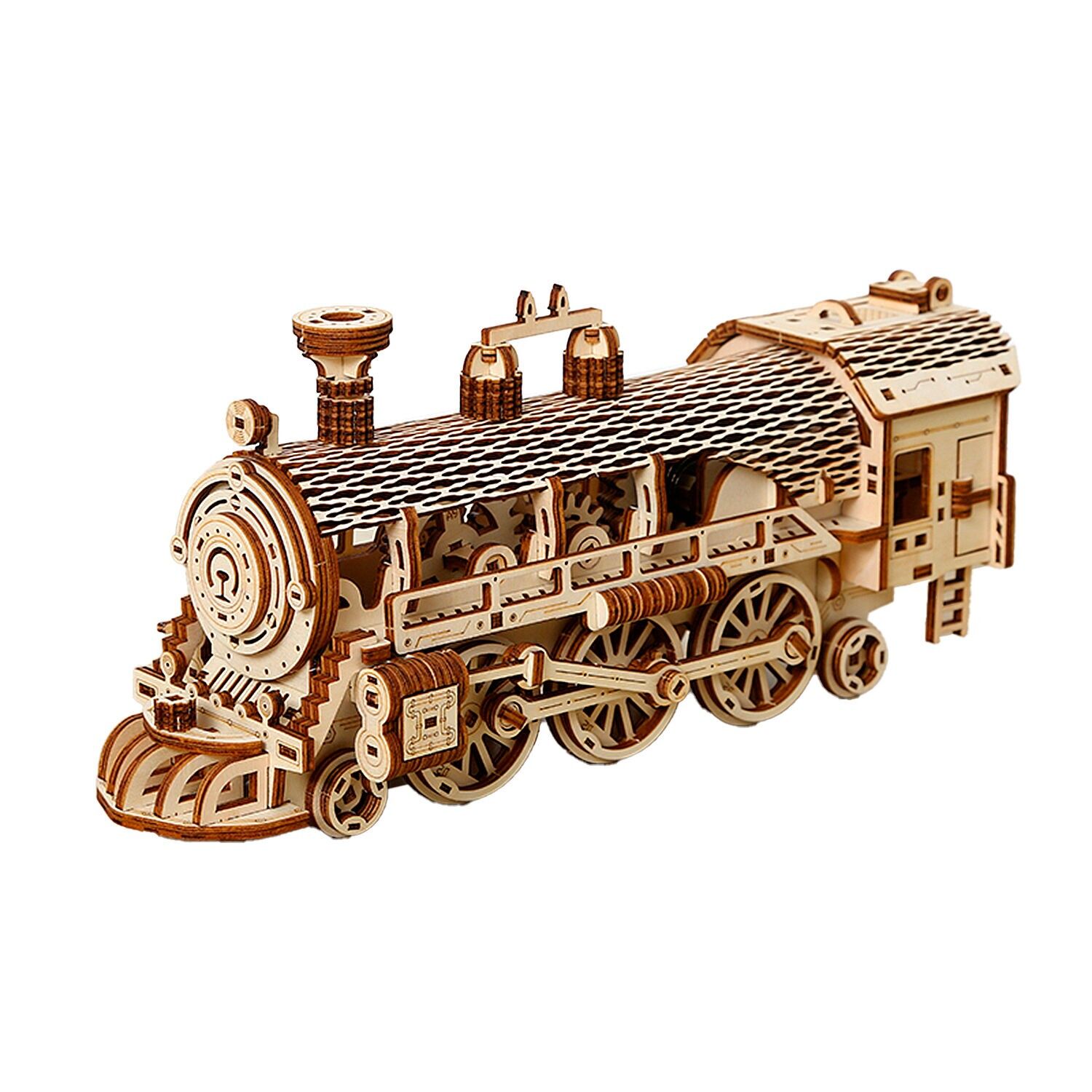 Modello 3D in legno, progetto di treno a vapore con movimento meccanico. 361 pezzi. Colore: Legno