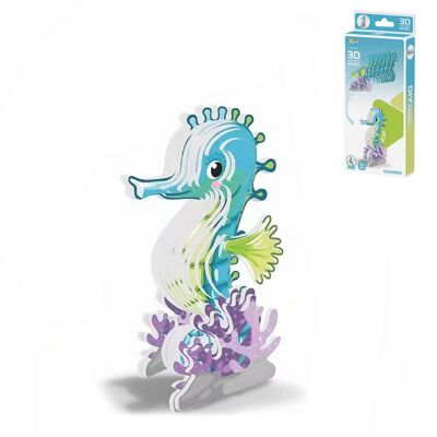 Puzzle 3D in cartone con rilievo. Disegno di cavalluccio marino. Colore blu
