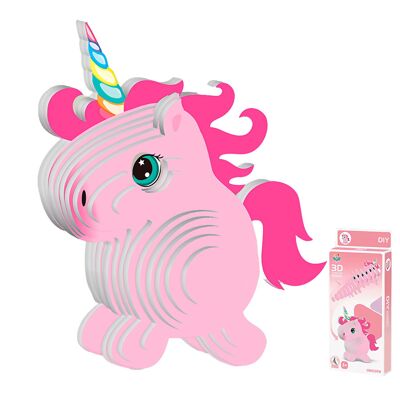 Puzzle 3D in cartone con rilievo. Disegno unicorno. Colore: Rosa