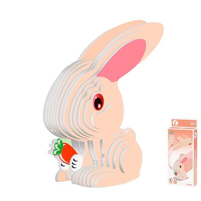 Puzzle 3D en carton avec relief. Conception de lapin. Couleur : rose